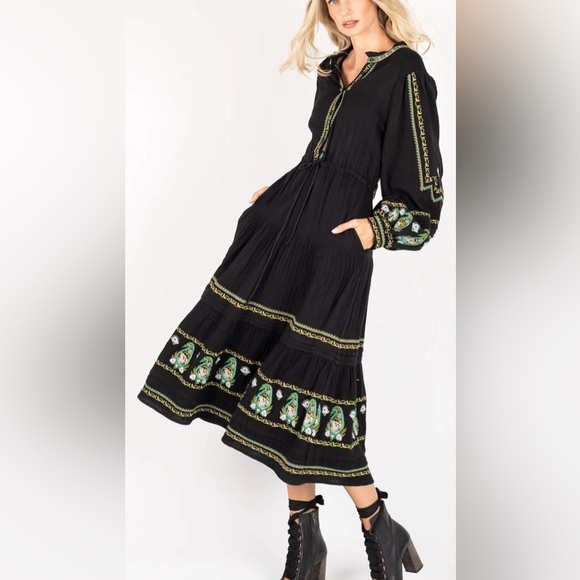 Secret Mission Felicia Maxi Dress Black with Paisley Embroidery Size M NWT - Picture 10 of 10